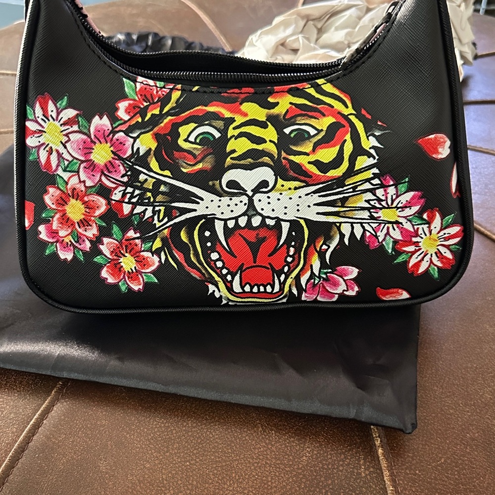 Ed Hardy Black Shoulder Bag with Tiger and Floral Design New with Dust Bag